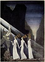 Kay Nielsen - East of the sun and west of the moon - the three princesses in the blue montain - as soon as they tugged at the rope the Captain and the Lietenant pulled up the princesses
