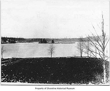Lake Ballinger, looking north toward the island, Edmonds, ca. 1925 (4690434873)