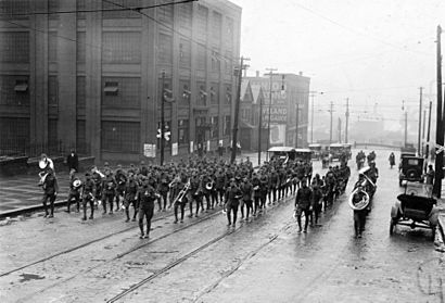 Liberty Bonds - Parades - Victory Loan - CELEBRATIONS FOR VICTORY LOAN DRIVE AT CLEVELAND, OHIO. Pershing's Band escort W.G. McAdoo from Union Station - NARA - 45492475 - cropped.jpg