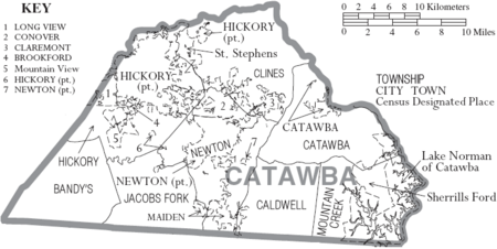 Map of Catawba County North Carolina With Municipal and Township Labels
