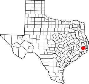 Map of Texas highlighting Hardin County