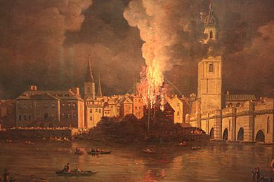 The Waterworks at London Bridge on Fire, 1779, by William Marlow