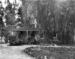 The home of Elias J. ("Lucky") Baldwin, the former Hugo Reid Adobe, at Rancho Santa Anita, ca.1903 (CHS-5178).jpg