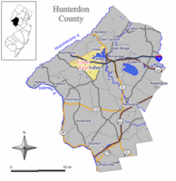 Map of Union Township in Hunterdon County. Inset: Location of Hunterdon County in New Jersey.