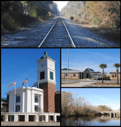 Images from top, left to right: Railroad in Yulee, Robert M. Foster Justice Center, Yulee High School, Tributary of the Nassau River
