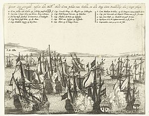 Zeeslag bij Elba tussen de Staatse vloot onder Van Galen en de Engelse vloot onder Badiley, 1652 Groot Zee-geveght, tussen den Holl. Heer Com. Johan van Galen, en den Eng. Com. Boddeley den 7 Sept. 1652 (titel op object, RP-P-OB-81.754.jpg