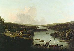 A View of Miramichi, 1760, oil painting by Francis Swaine after a view by Captain Hervey Smyth. Credit National Gallery of CanadaNo 4976