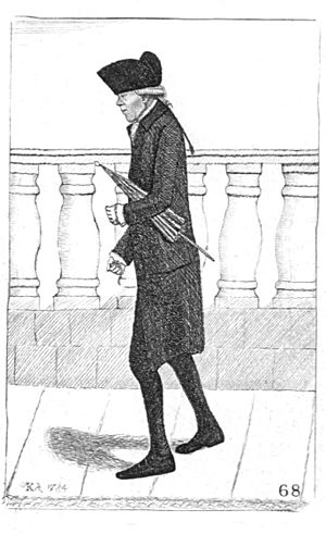 Alexander (Lang Sandy) Wood with umbrella caricatured by John Kay
