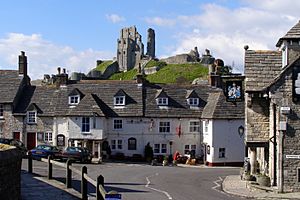 Corfe Castle and Greyhound Inn Dorset England
