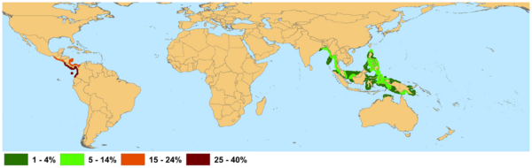 Global distribution of threatened mangrove species