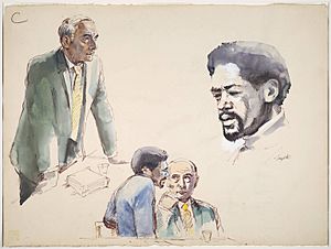 Ink Drawing and watercolor painting of scenes depicting Charles R. Gary standing with hands on table