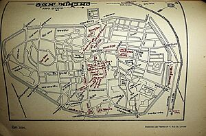 Map of Amritsar with the locations of Sikh sites labelled, as published in the Mahan Kosh (1930)