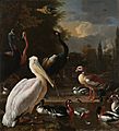 Melchior d'Hondecoeter - Een pelikaan en ander gevogelte bij een waterbassin, bekend als 'Het drijvend veertje' - Google Art Project