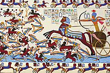Modern loose interpretation at the The Pharaonic Village in Cairo of a Battle scene from the Great Kadesh reliefs of Ramses II on the Walls of the Ramesseum