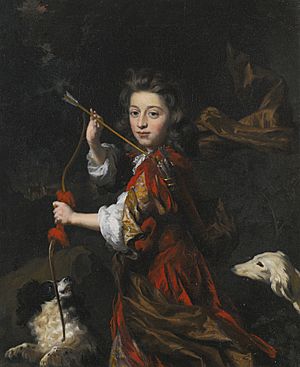 Nicolaes Maes - Portrait of a young nobleman, three-quarter-length, wearing red with a brown sash, holding a bow and a quiver of arrows, with two dogs in a wooded landscape