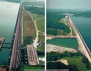 Pensacola Dam on the Neosho River in-between Disney and Langley on Oklahoma State Highway 28, creating Grand Lake o' the Cherokees.