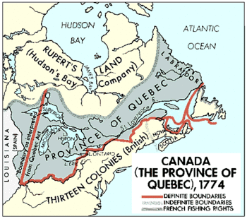 A portion of eastern North America in 1774 after the Quebec Act; Quebec extends all the way to the Mississippi River.