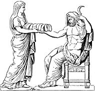 Rhéa présentant une pierre emmaillotée à Cronos dessin du bas-relief d'un autel romain