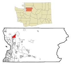 A map of cities in Snohomish County, with the location of Arlington highlighted.