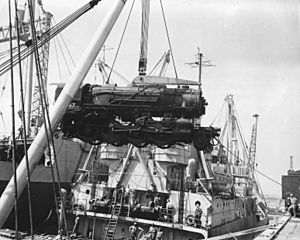 Unloading a locomotive at Cherbourg