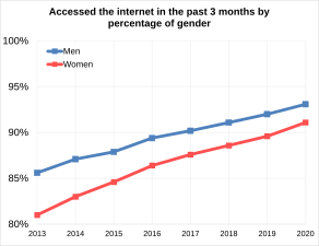 Accessed the internet in the past 3 months by percentage of gender