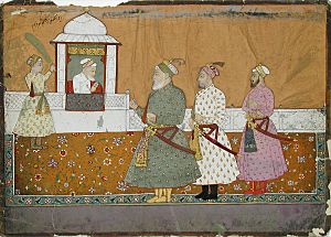 Aurangzeb in a pavilion with three courtiers below (6124546713)