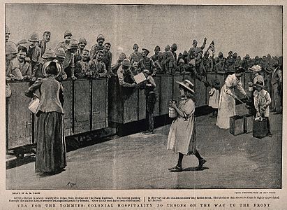 Boer War- soldiers in packed train carriages receive tea from women and children on the ground. Halftone, c.1900, after H. Paget after M. Ellis. By courtesy of Wellcome Collection