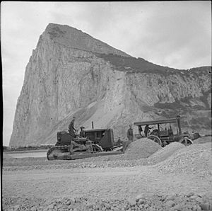 Bulldozer and steamroller during the construction of Gibraltar Airport, 1941