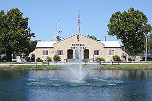 Bunnell Coquina City Hall - Full Front View with Lake Lucille & Fountain