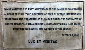 Elihu Yale Memorial, St. Mary's Church, Madras