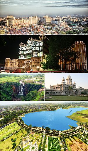 Clockwise from top: Skyline of Mangal City Area (Vijay Nagar), Rajwada Palace, Daly College, Atal Bihari Vajpayee Regional Park aerial view, Patalpani Waterfalls