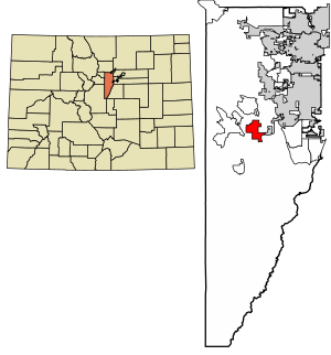 Location of the Indian Hills CDP in Jefferson County, Colorado.