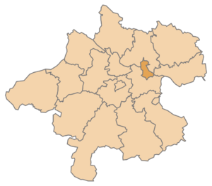 The city’s territory, highlighted on a map of Upper Austria, with the borders of the surrounding districts visible.