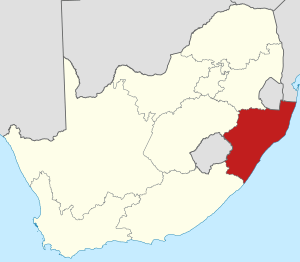 Map showing the location of KwaZulu-Natal in the south-eastern part of South Africa