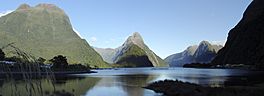 Panorama of Milford Sound looking northwest from the township