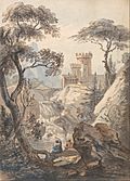 Paul Sandby - Italianate Landscape with Castle, Cascade and Anglers - Google Art Project