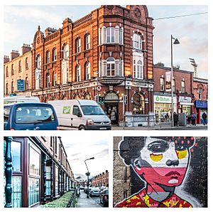 Clockwise from top: the ornate Victorian-era "The Bohemian" pub in central Phibsborough; street art near Dalymount Park; the decorative frontages of terraced housing in Cabra Park