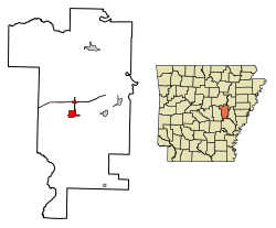 Location of Hazen in Prairie County, Arkansas.
