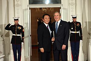 President George W. Bush greets Prime Minister of Japan Taro Aso