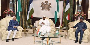 The Vice President, Shri M. Hamid Ansari calling on the President of Nigeria, Mr. Muhammadu Buhari at the State House, in Abuja, Nigeria on September 27, 2016. The Vice President of Nigeria, Mr. Yemi Osinbajo is also seen (1)