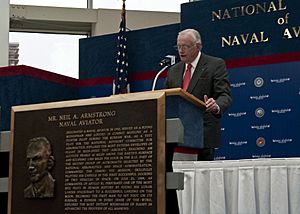 US Navy 100514-N-3852A-002 Former astronaut Neil Armstrong gives an acceptance speech after being inducted into the Naval Aviation Hall of Honor at the National Naval Aviation Museum in Pensacola, Fla