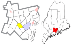 Location of Morrill (in yellow) in Waldo County and the state of Maine