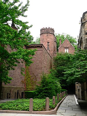 Yale Skull and Bones side rear towers view