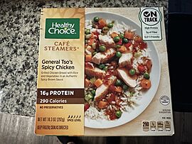 A box of Healthy Choice Cafe Steamers General Tso's Spicy Chicken meal