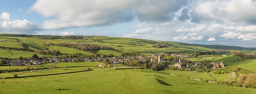 Panorama of the village of Abbotsbury as viewed from the south-west at St Catherine's Chapel