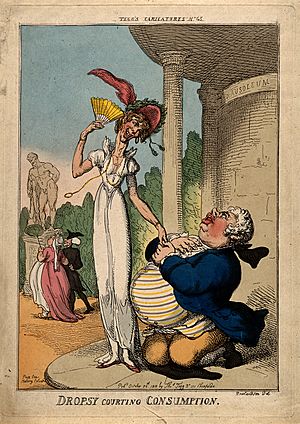 An obese man wooing a tall lean woman outside a mausoleum; r Wellcome V0010871