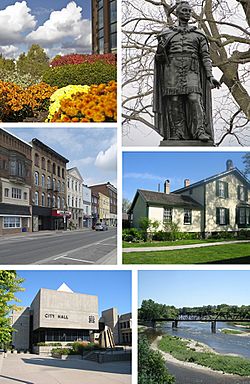 From top, left to right: Flowerbed outside RBC Building, Statue of Joseph Brant, Colborne Street in Downtown Brantford, Bell Homestead, City Hall, Grand River