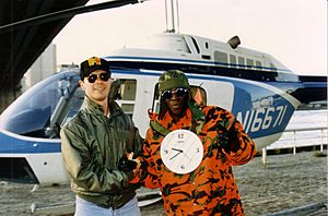 Flava Flav, and helicopter pilot Ray McCort on MTV shoot in NYC