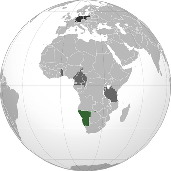 Green: German South-West AfricaDark Grey: Other German possessionsBlack: German Empire  Note: The historical extent of German territories are depicted over present-day political borders.