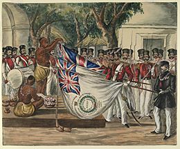 Hindu priest garlanding the flags of the 35th Bengal Light Infantry (c.1847) - BL Add.Or.741